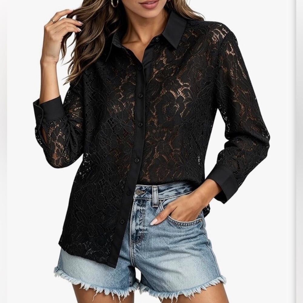 Spenser Jeremy Elegant Sheer Lace Button-Down Black Blouse Women’s Size 12P